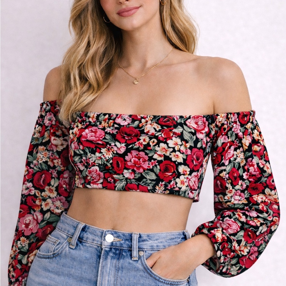 305. Vibrant Floral Off-Shoulder Crop Top